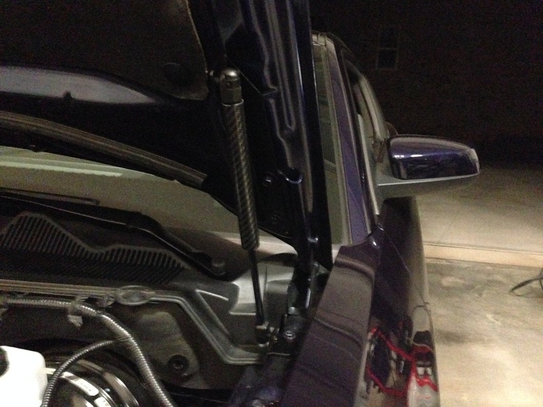 MMD Bolt On Hood Strut Kit; Carbon Fiber (05-14 Mustang)