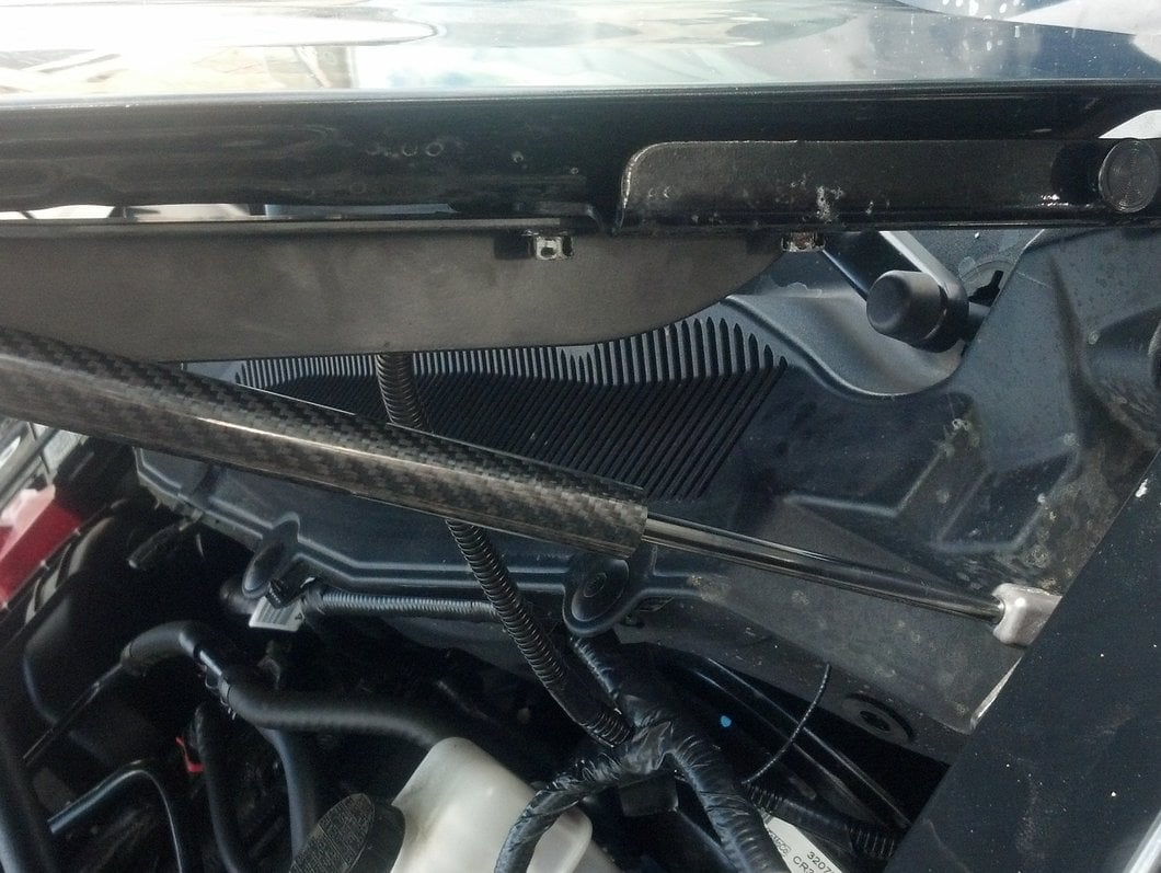 MMD Bolt On Hood Strut Kit; Carbon Fiber (05-14 Mustang)