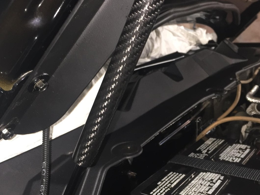 MMD Bolt On Hood Strut Kit; Carbon Fiber (05-14 Mustang)