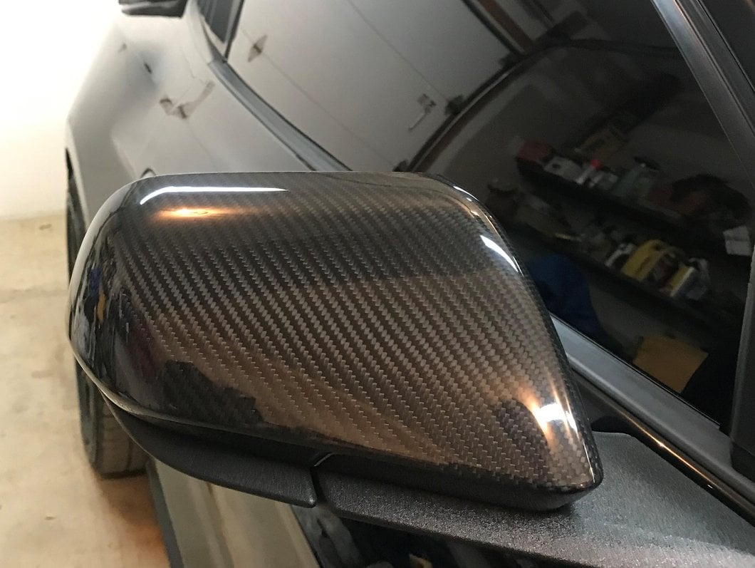 MMD Mirror Covers; Carbon Fiber (15-23 Mustang w/ Mirror Signals)